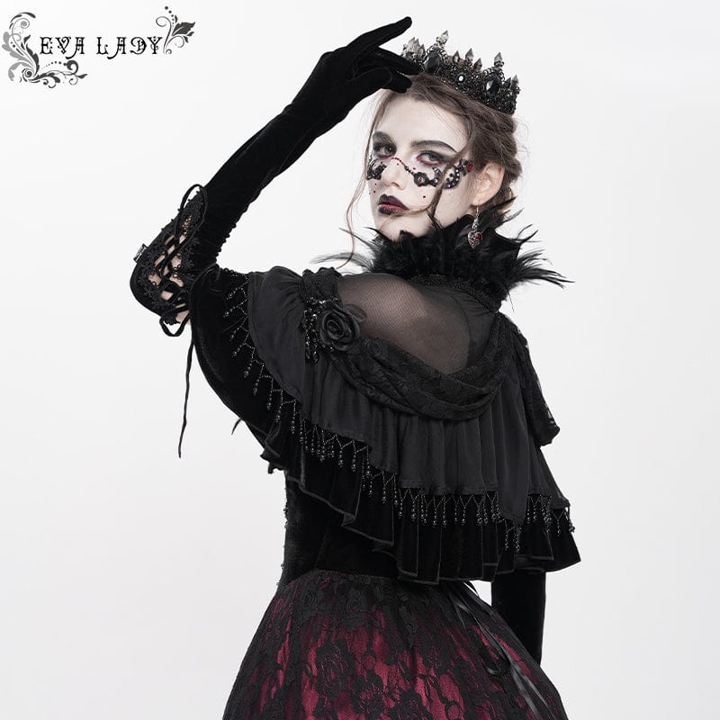 EVA LADY Women's Gothic Plumed Lace Velvet Cape