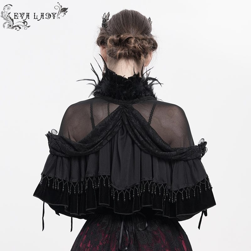 EVA LADY Women's Gothic Plumed Lace Velvet Cape