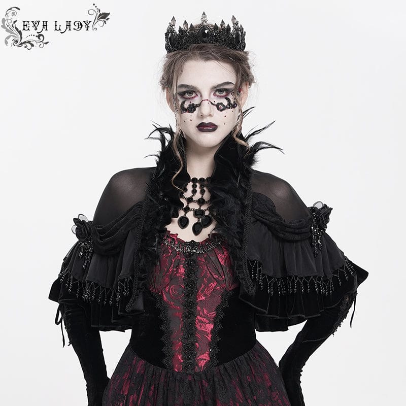 EVA LADY Women's Gothic Plumed Lace Velvet Cape