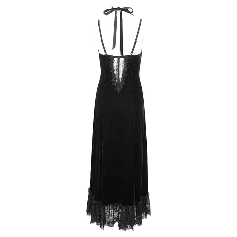 EVA LADY Women's Gothic Plunging Lace-up Lace Hem Slip Dress Black