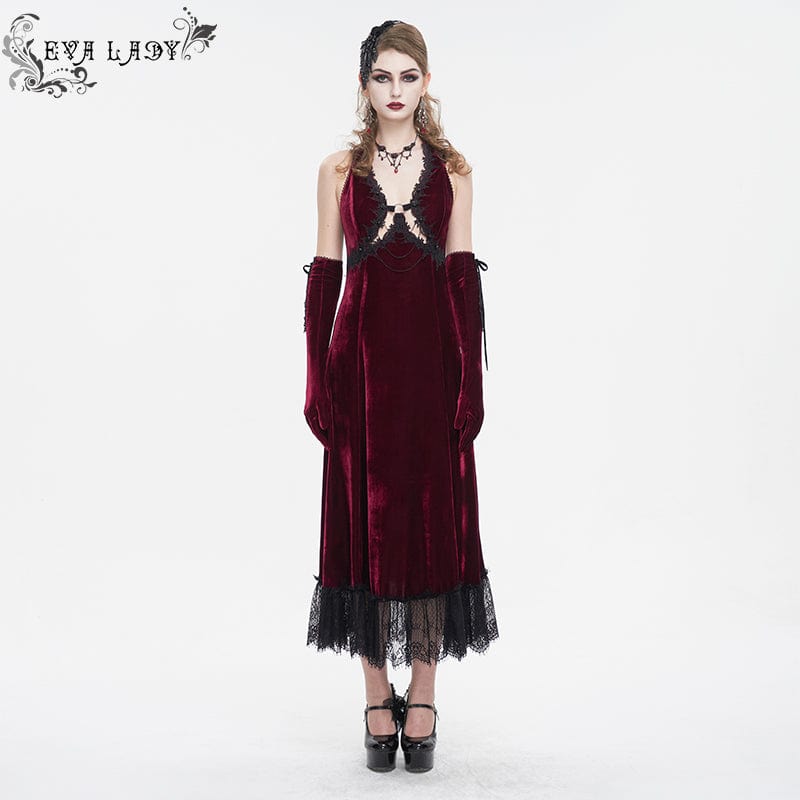 EVA LADY Women's Gothic Plunging Lace-up Lace Hem Slip Dress Red