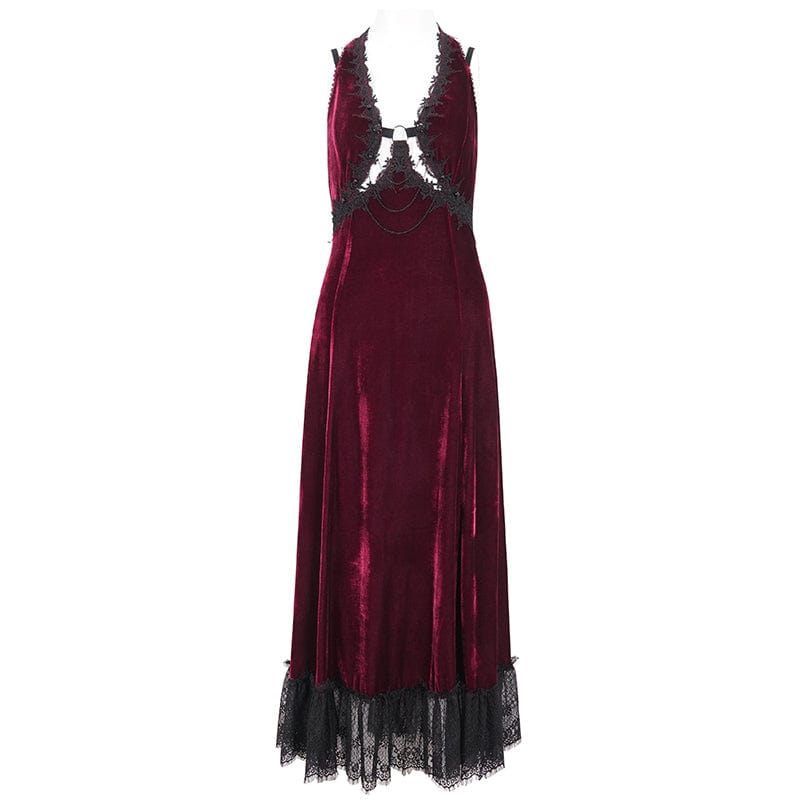 EVA LADY Women's Gothic Plunging Lace-up Lace Hem Slip Dress Red