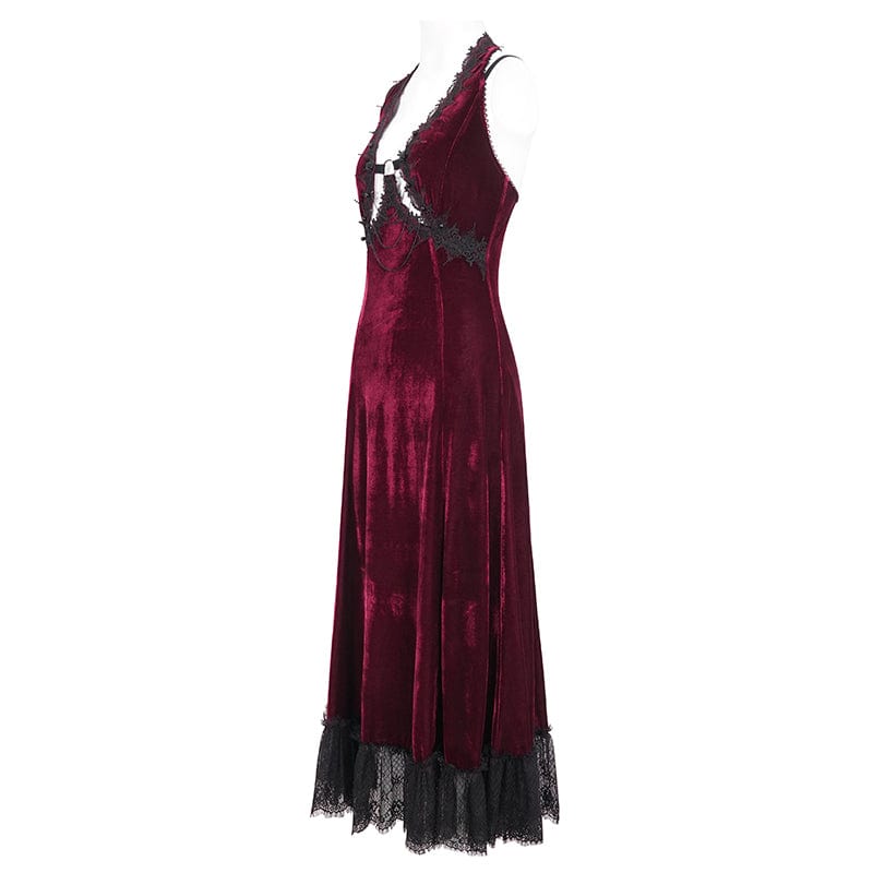 EVA LADY Women's Gothic Plunging Lace-up Lace Hem Slip Dress Red