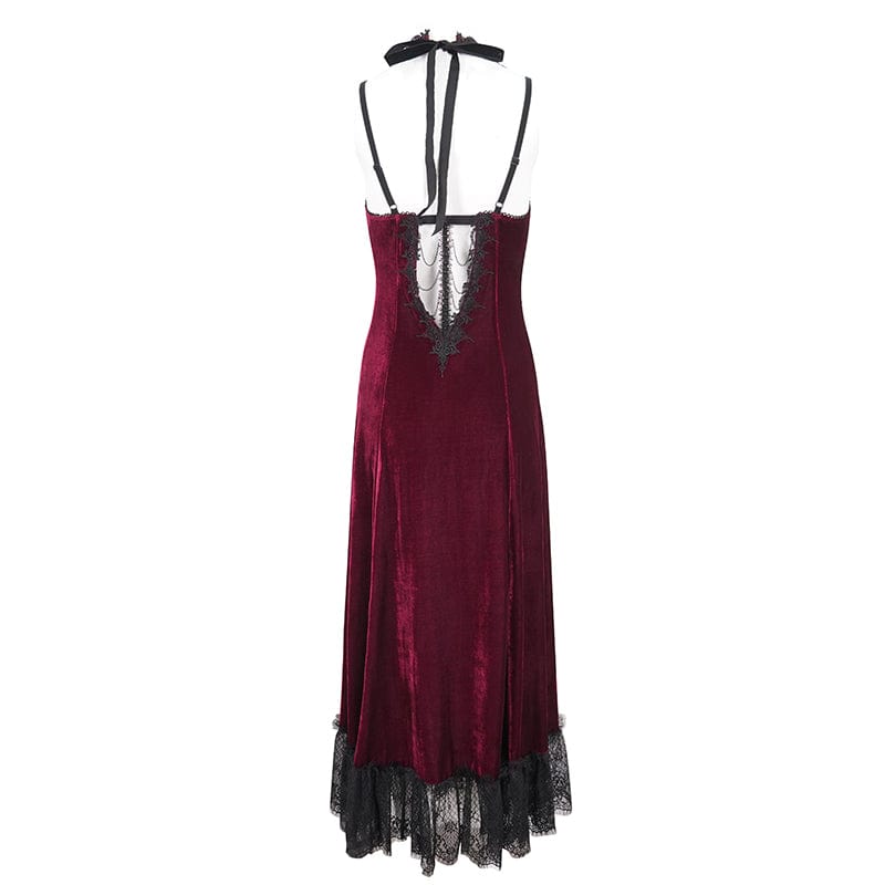 EVA LADY Women's Gothic Plunging Lace-up Lace Hem Slip Dress Red