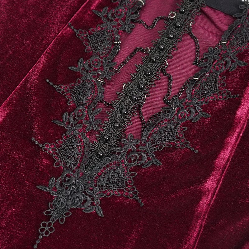 EVA LADY Women's Gothic Plunging Lace-up Lace Hem Slip Dress Red