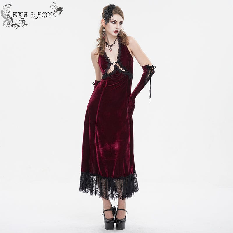 EVA LADY Women's Gothic Plunging Lace-up Lace Hem Slip Dress Red