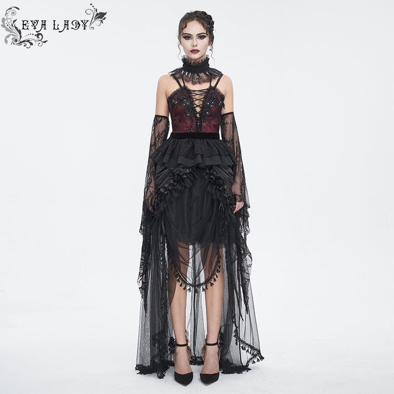 EVA LADY Women's Gothic Plunging Layered Lace Shirt with Oversleeves