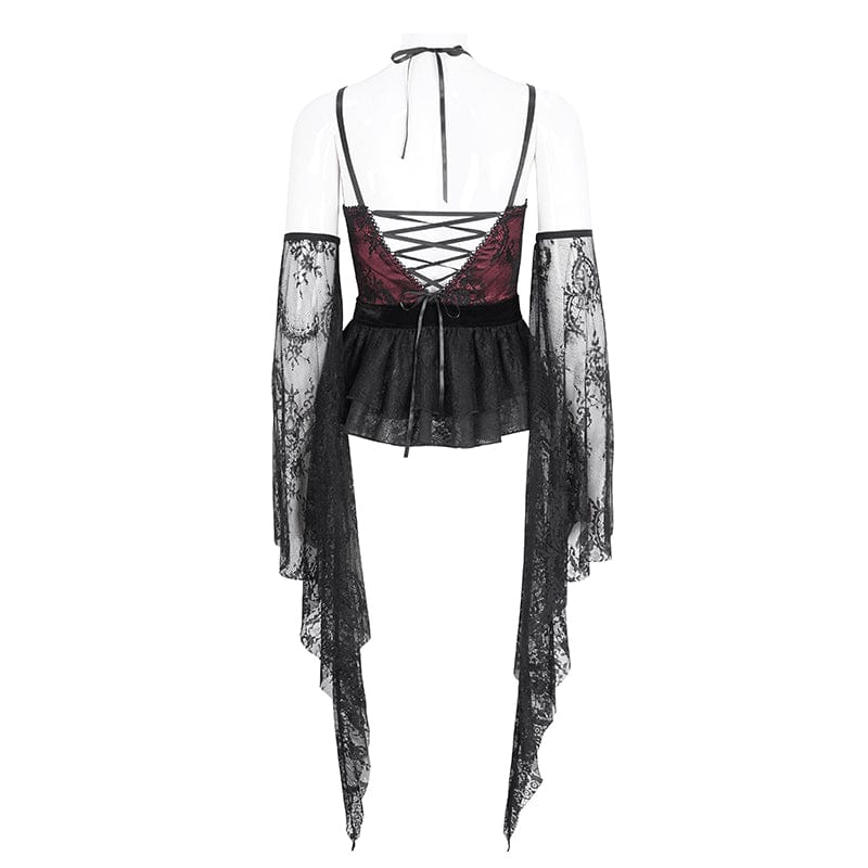 EVA LADY Women's Gothic Plunging Layered Lace Shirt with Oversleeves