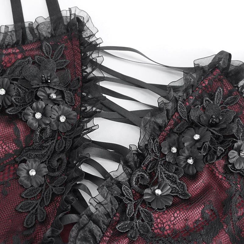 EVA LADY Women's Gothic Plunging Layered Lace Shirt with Oversleeves