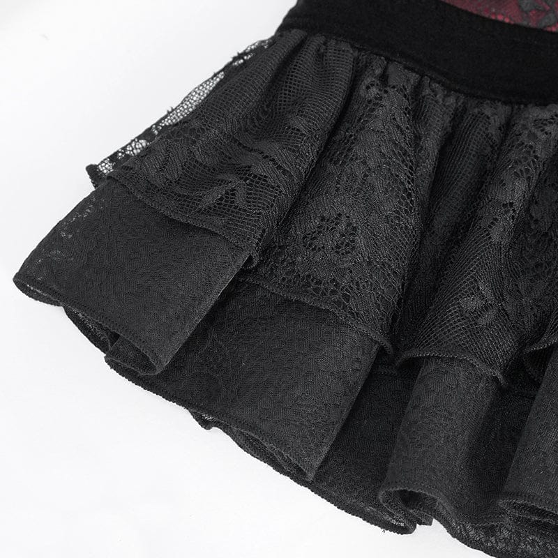 EVA LADY Women's Gothic Plunging Layered Lace Shirt with Oversleeves