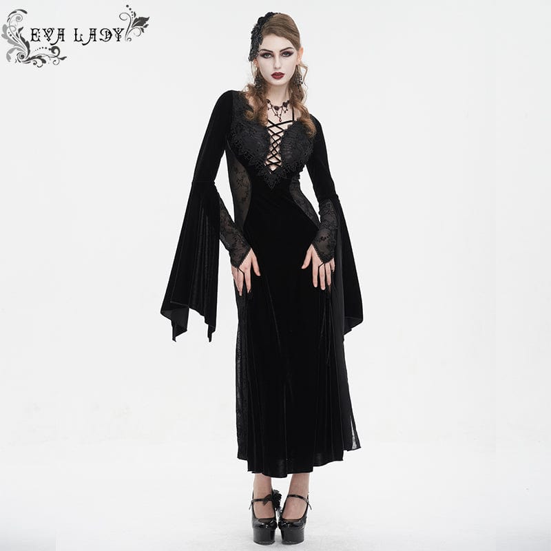 EVA LADY Women's Gothic Plunging Mesh Splice Velvet Dress