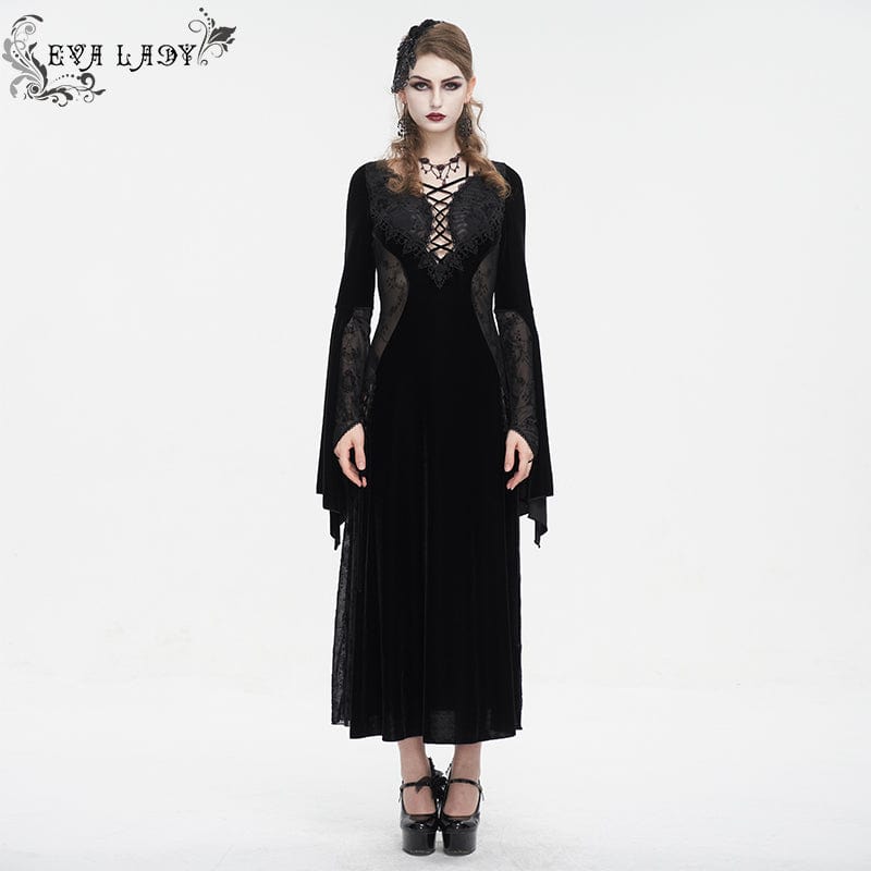 EVA LADY Women's Gothic Plunging Mesh Splice Velvet Dress