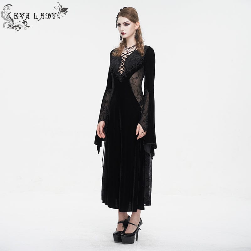 EVA LADY Women's Gothic Plunging Mesh Splice Velvet Dress