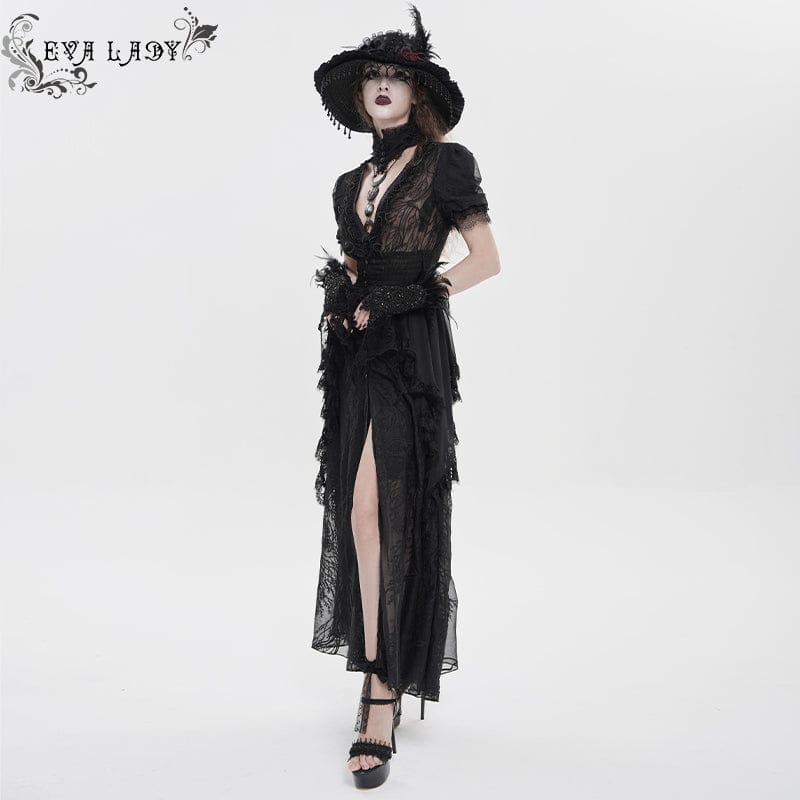 EVA LADY Women's Gothic Plunging Stand Collar Short Sleeved Maxi Dress Black