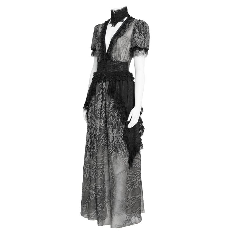 EVA LADY Women's Gothic Plunging Stand Collar Short Sleeved Maxi Dress Black-Grey
