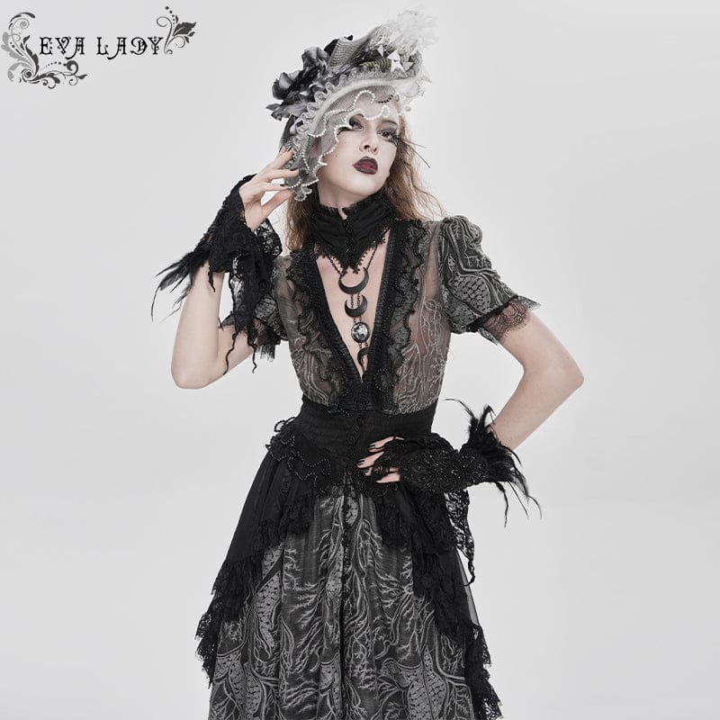 EVA LADY Women's Gothic Plunging Stand Collar Short Sleeved Maxi Dress Black-Grey