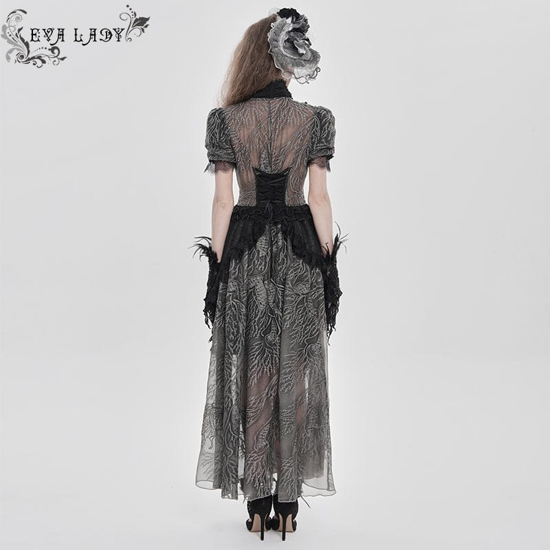 EVA LADY Women's Gothic Plunging Stand Collar Short Sleeved Maxi Dress Black-Grey