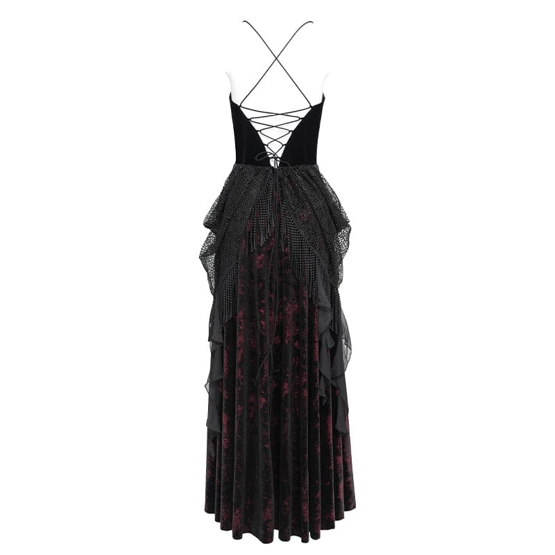 EVA LADY Women's Gothic Printed Tassels Lace-up Slip Dress