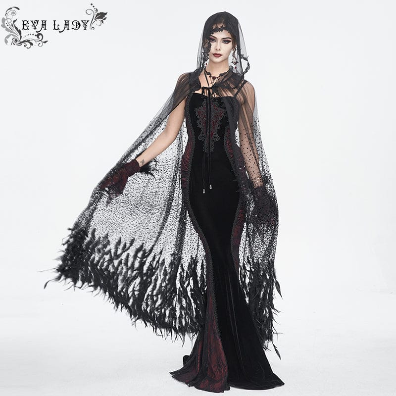 EVA LADY Women's Gothic Rhinestone Feather Cape with Hood