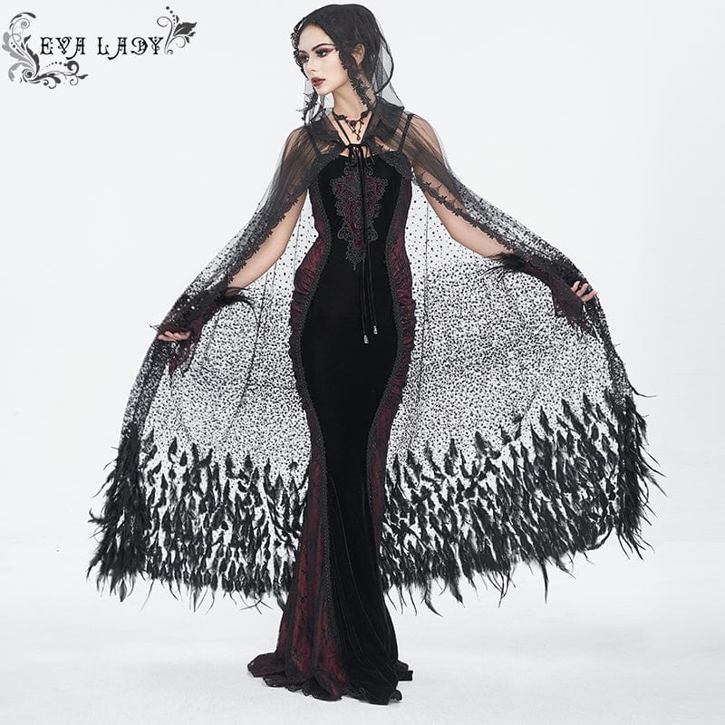 EVA LADY Women's Gothic Rhinestone Feather Cape with Hood
