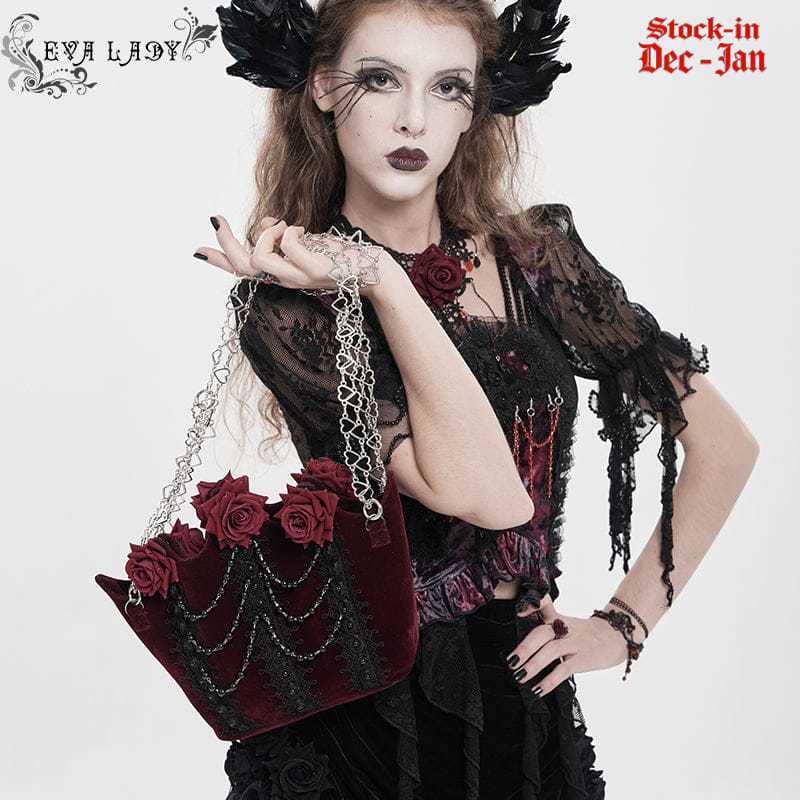 EVA LADY Women's Gothic Rose Beaded Chained Bag Red