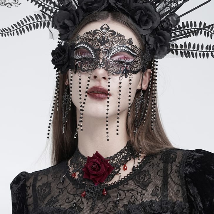 EVA LADY Women's Gothic Rose Beaded Fringe Cutout Mask Black