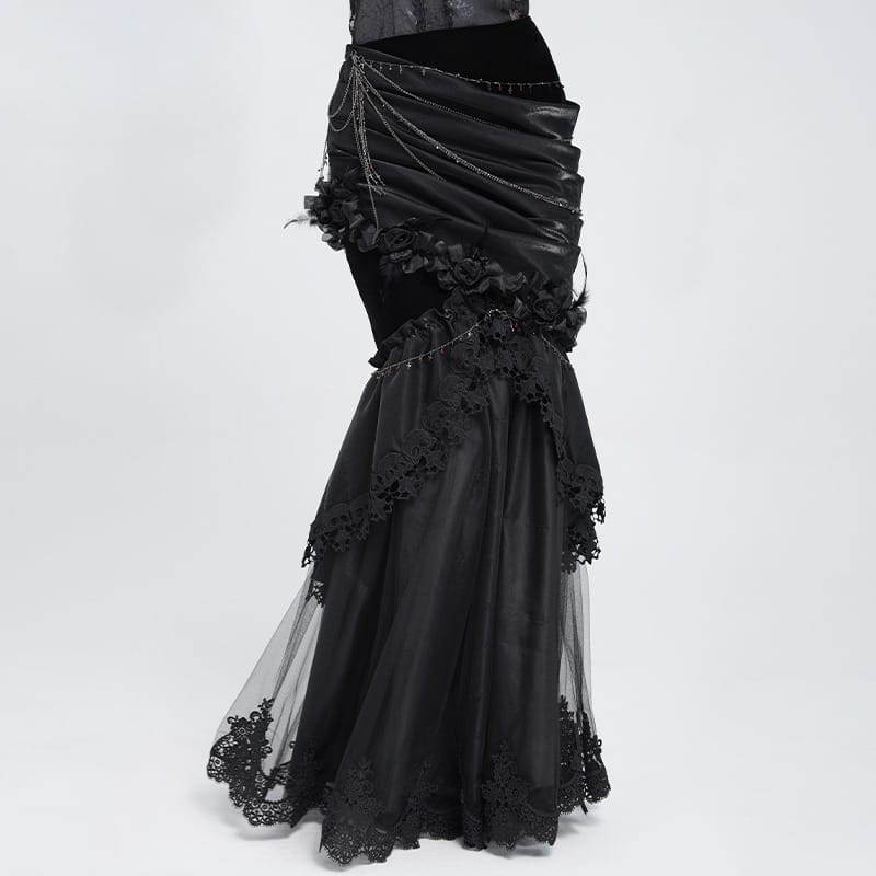 EVA LADY Women's Gothic Rose Chain Asymmetric Pleated Mermaid Long Skirt
