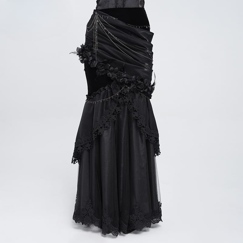 EVA LADY Women's Gothic Rose Chain Asymmetric Pleated Mermaid Long Skirt