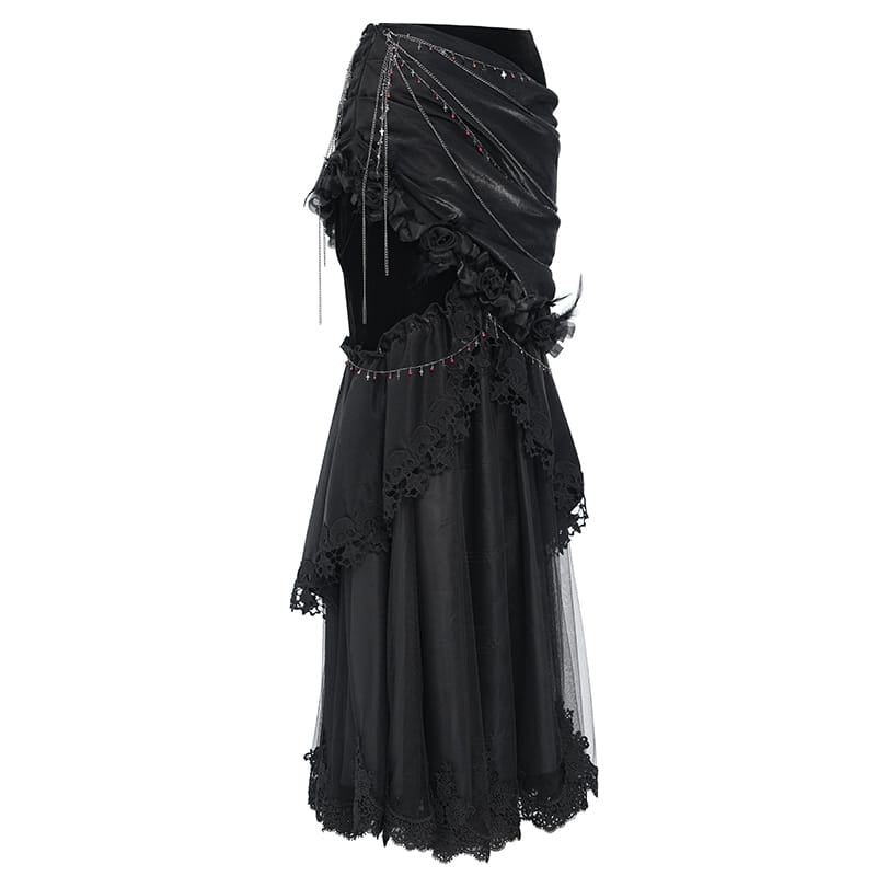 EVA LADY Women's Gothic Rose Chain Asymmetric Pleated Mermaid Long Skirt