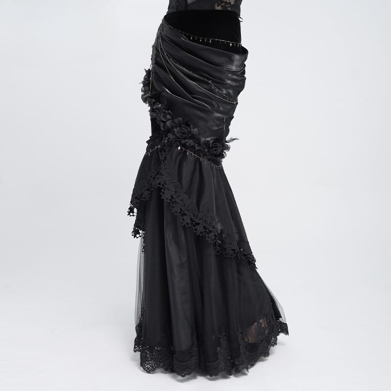EVA LADY Women's Gothic Rose Chain Asymmetric Pleated Mermaid Long Skirt