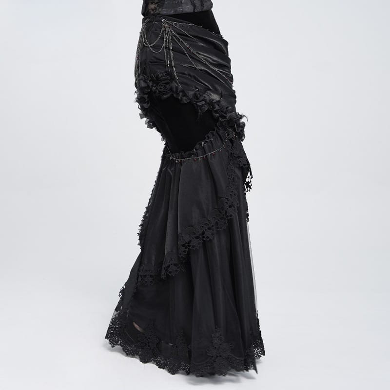 EVA LADY Women's Gothic Rose Chain Asymmetric Pleated Mermaid Long Skirt