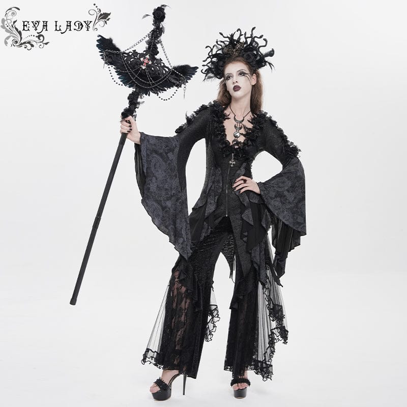 EVA LADY Women's Gothic Rose Feather Printed Long Sleeve Shirt