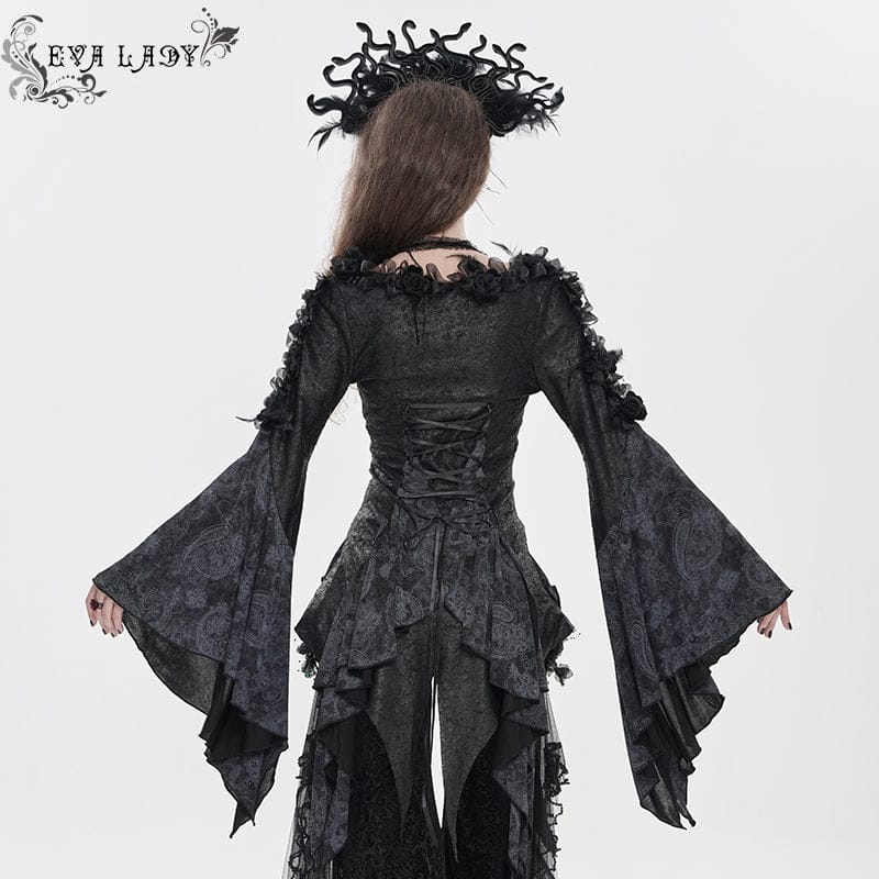 EVA LADY Women's Gothic Rose Feather Printed Long Sleeve Shirt