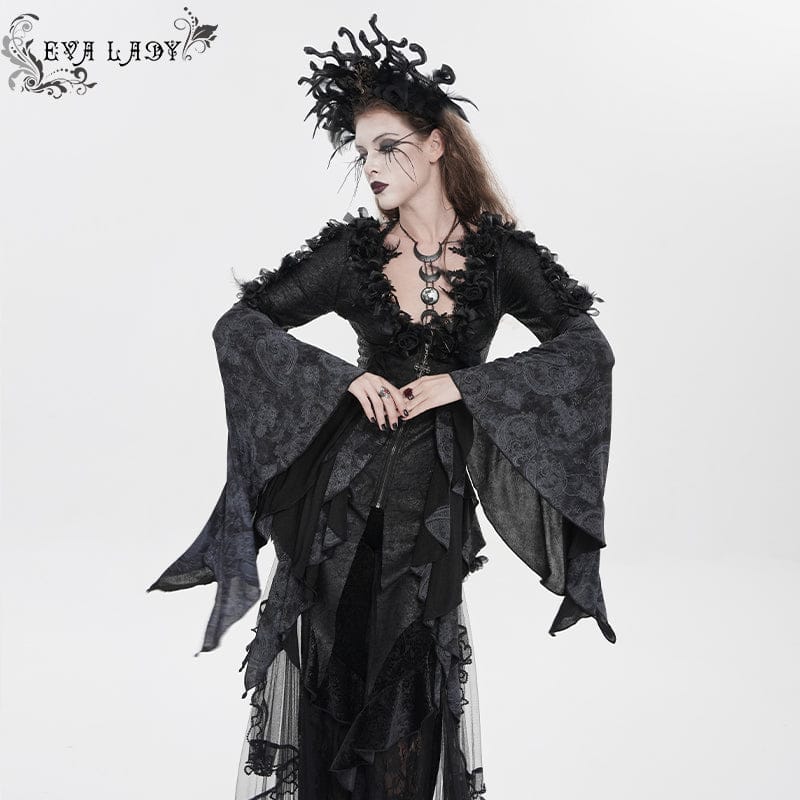 EVA LADY Women's Gothic Rose Feather Printed Long Sleeve Shirt