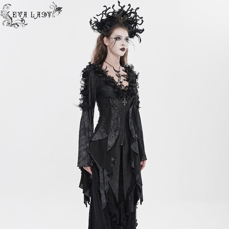 EVA LADY Women's Gothic Rose Feather Printed Long Sleeve Shirt