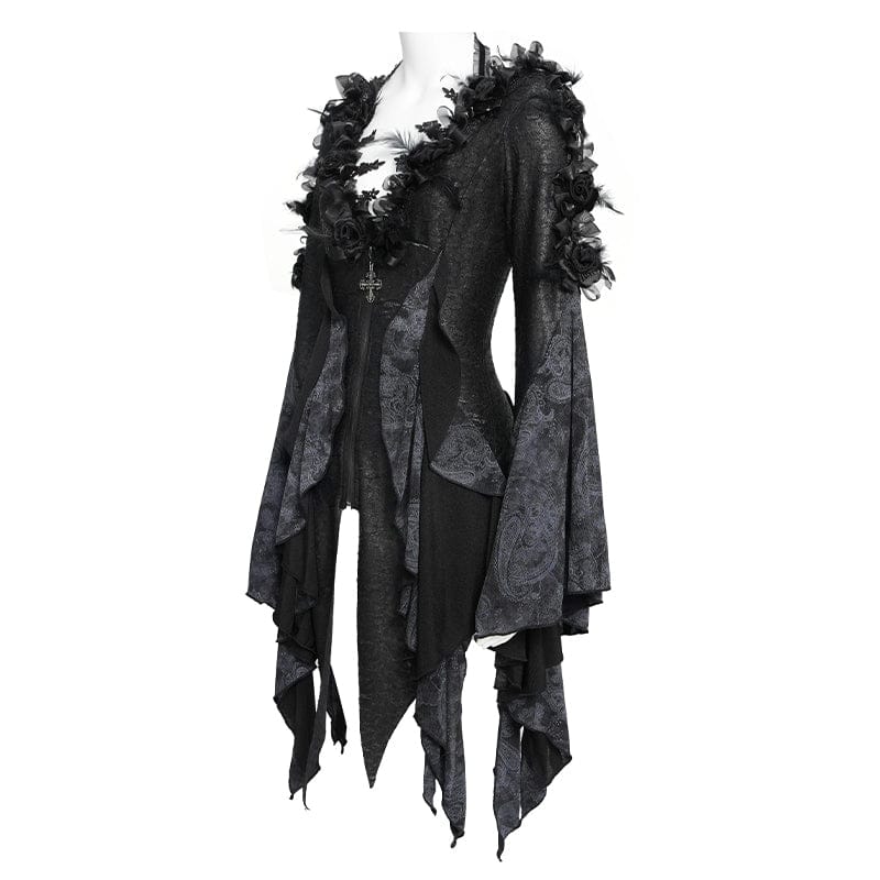 EVA LADY Women's Gothic Rose Feather Printed Long Sleeve Shirt