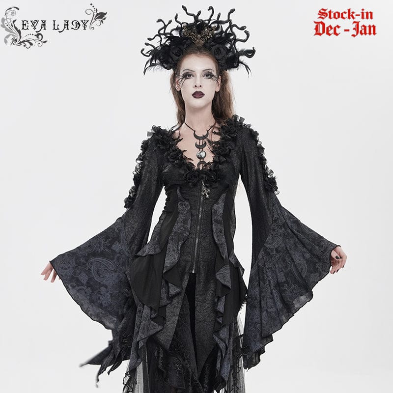 EVA LADY Women's Gothic Rose Feather Printed Long Sleeve Shirt