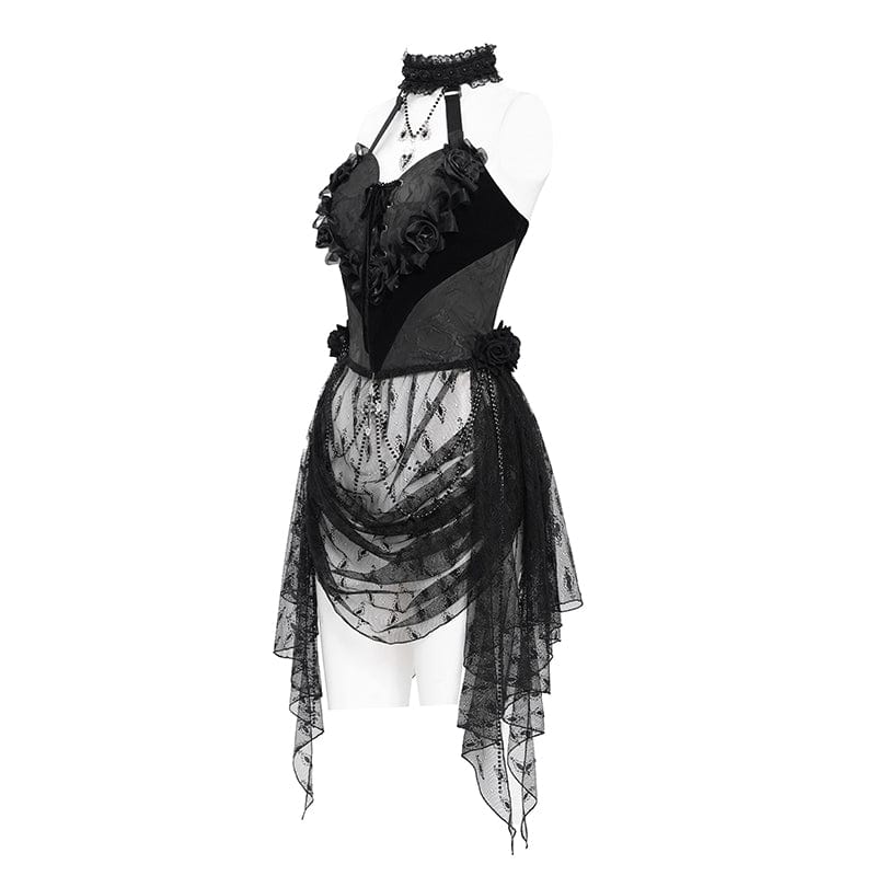 EVA LADY Women's Gothic Rose Heart Lace Splice Halterneck Shirt Black