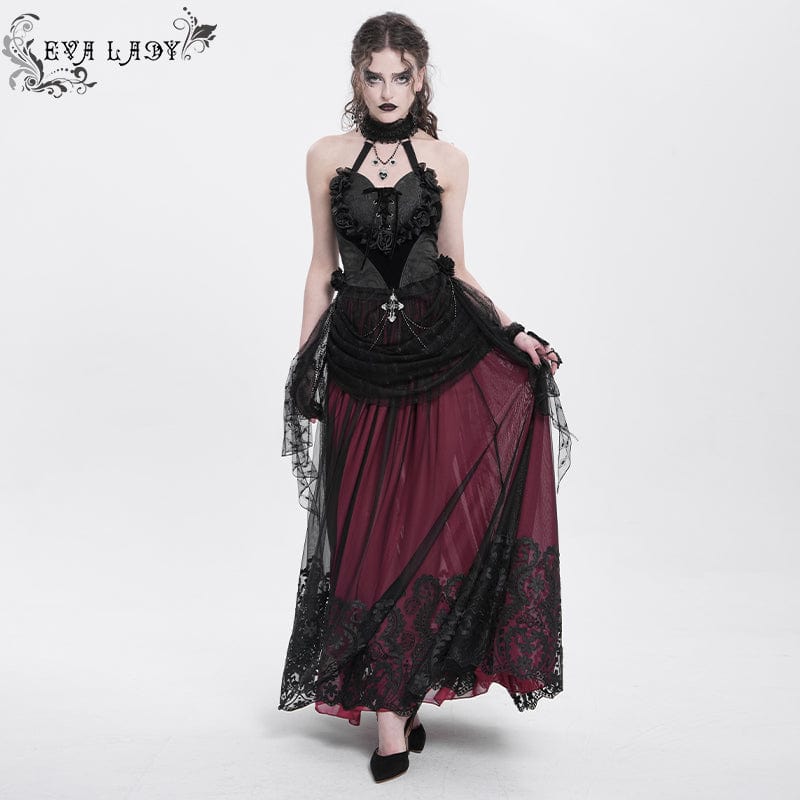 EVA LADY Women's Gothic Rose Heart Lace Splice Halterneck Shirt Black