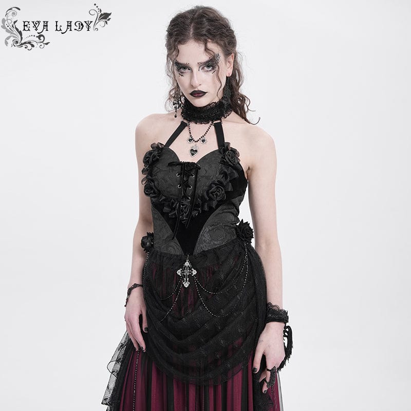 EVA LADY Women's Gothic Rose Heart Lace Splice Halterneck Shirt Black