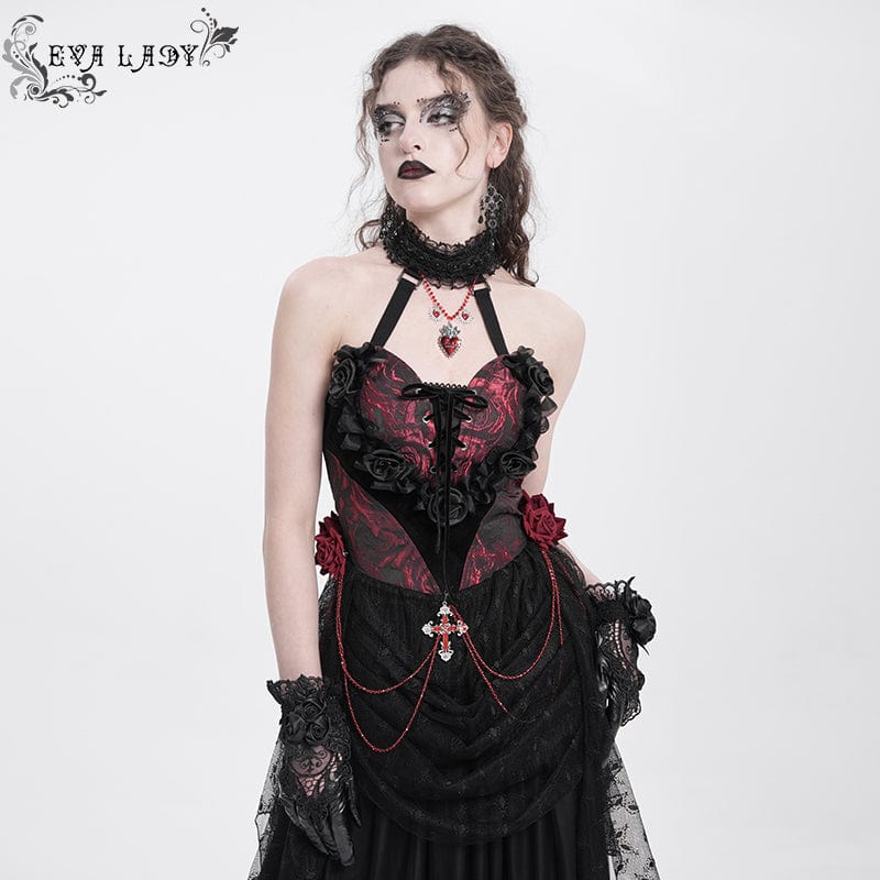 EVA LADY Women's Gothic Rose Heart Lace Splice Halterneck Shirt Red
