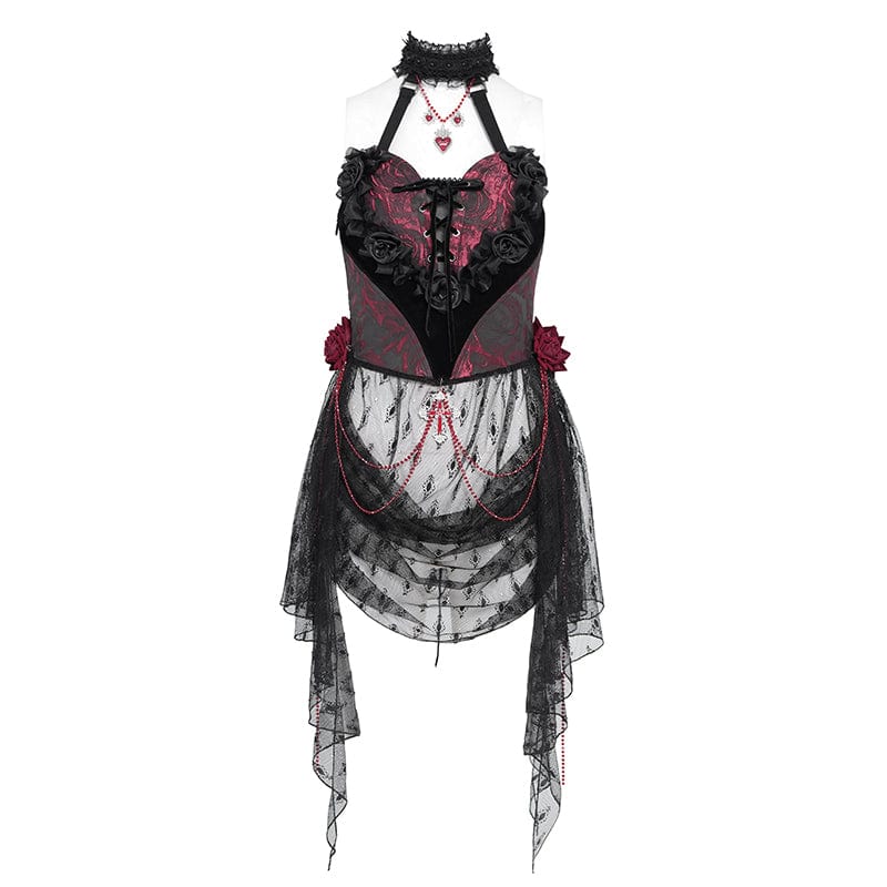 EVA LADY Women's Gothic Rose Heart Lace Splice Halterneck Shirt Red