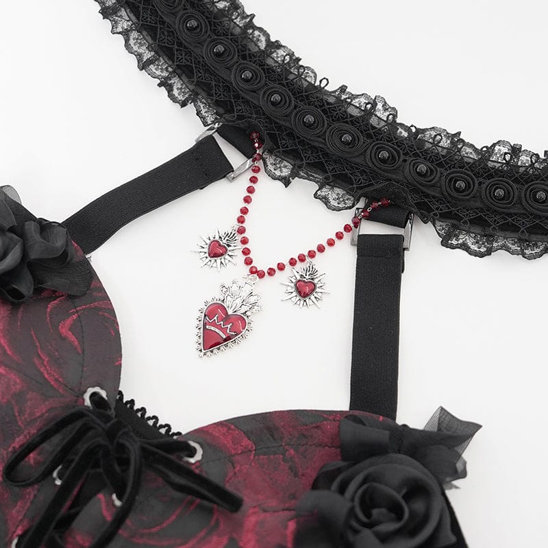 EVA LADY Women's Gothic Rose Heart Lace Splice Halterneck Shirt Red