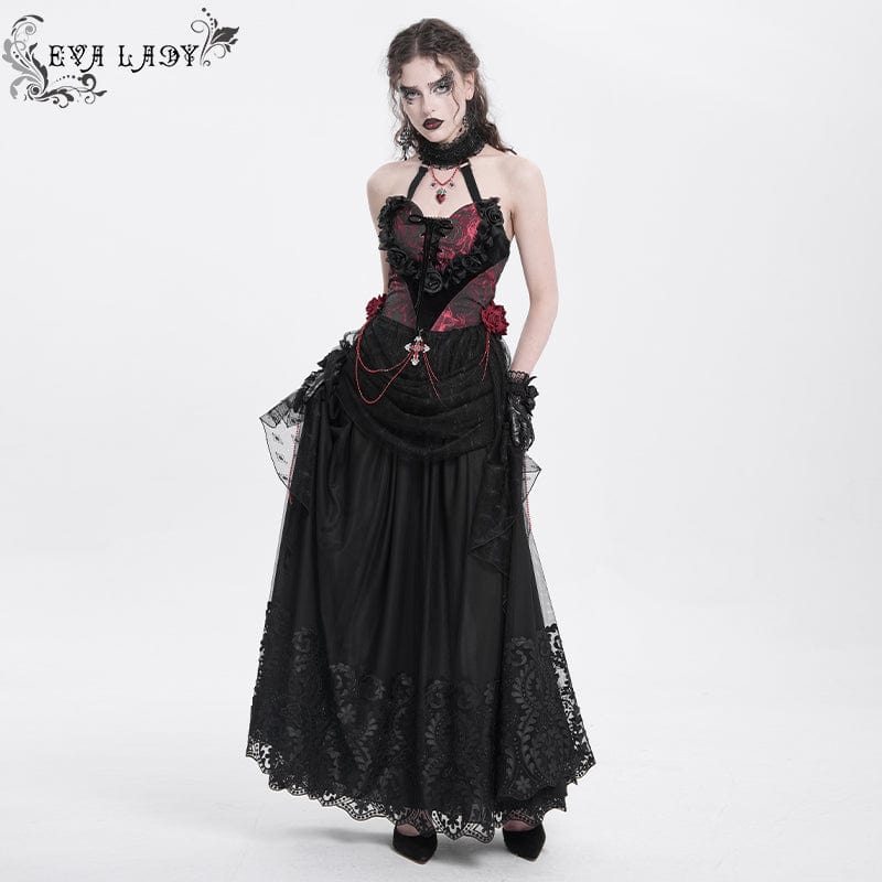 EVA LADY Women's Gothic Rose Heart Lace Splice Halterneck Shirt Red