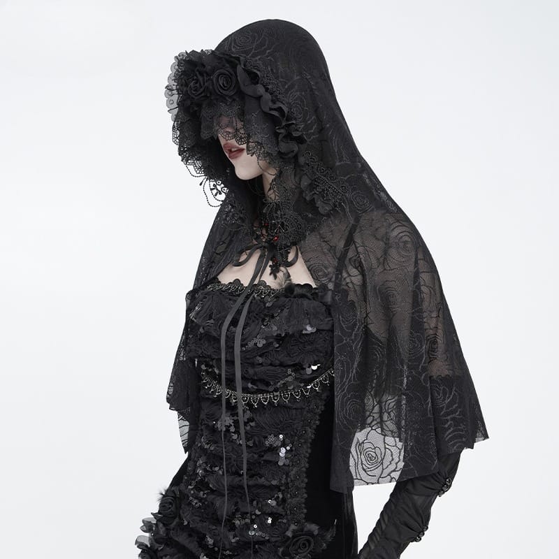 EVA LADY Women's Gothic Rose Hooded Mesh Cape