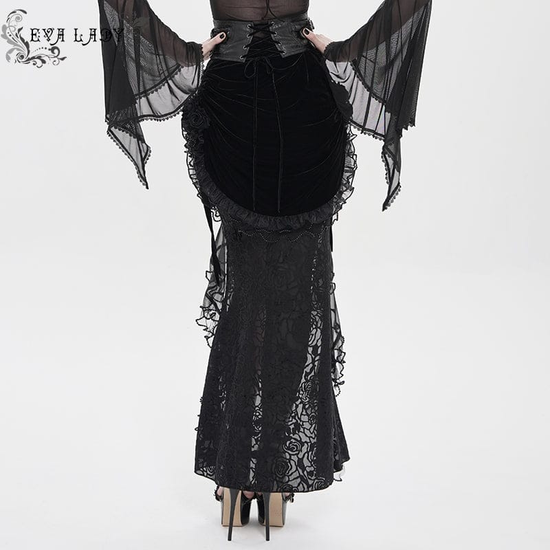 EVA LADY Women's Gothic Rose Lace-up Irregular Hem Skirt Black