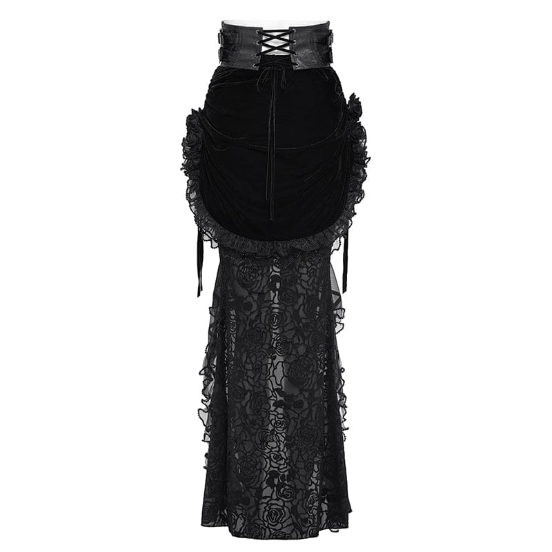 EVA LADY Women's Gothic Rose Lace-up Irregular Hem Skirt Black