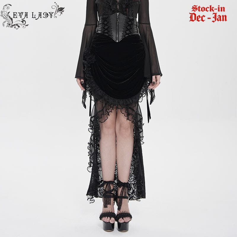 EVA LADY Women's Gothic Rose Lace-up Irregular Hem Skirt Black