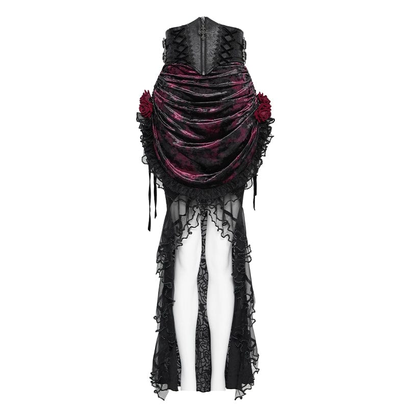 EVA LADY Women's Gothic Rose Lace-up Irregular Hem Skirt Black-Red