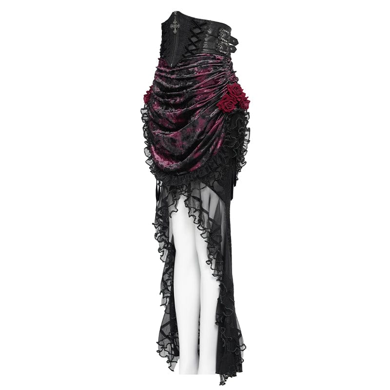 EVA LADY Women's Gothic Rose Lace-up Irregular Hem Skirt Black-Red